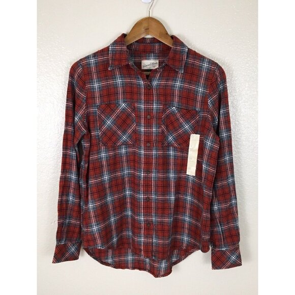 Womens xs Button-Up Red Plaid Flannel Shirt With Long Sleeves & Chest Pockets - Picture 2 of 9
